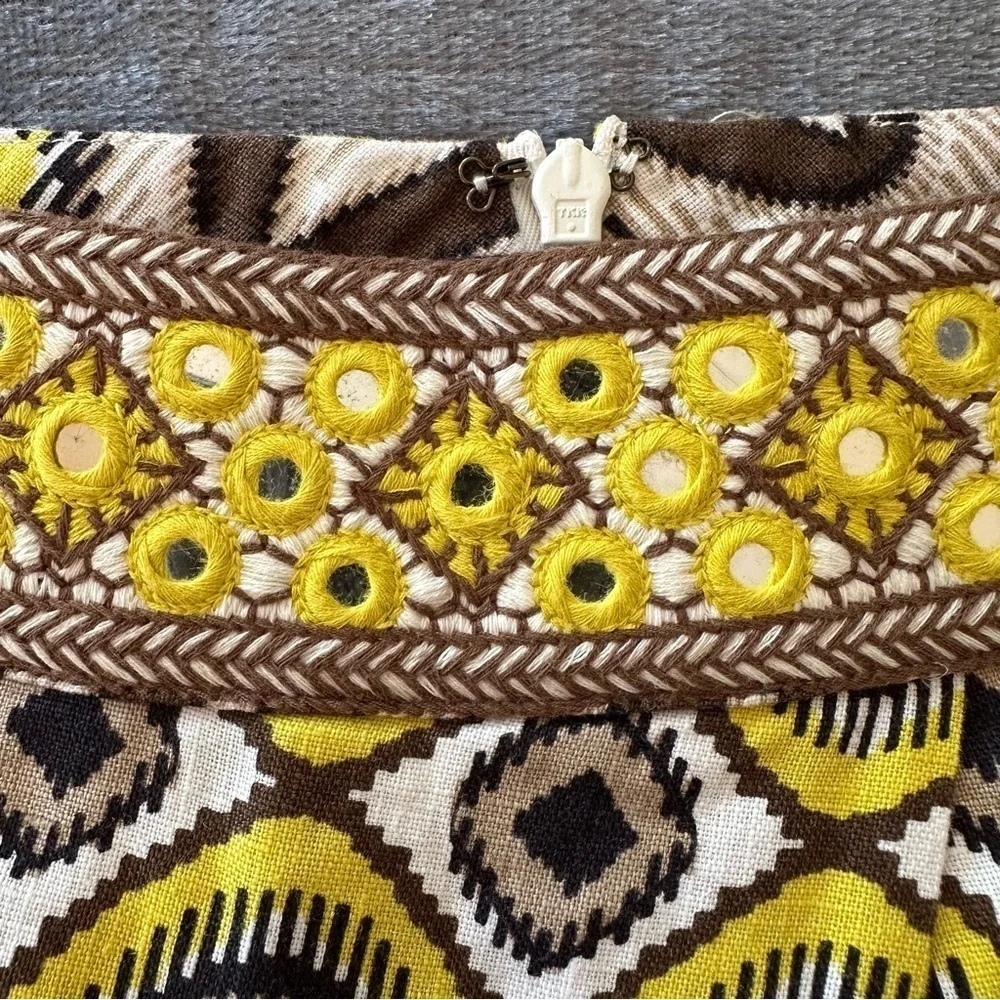 Tory Burch 100% Linen Yellow Mirrored with Pockets Midi Skirt Size 2